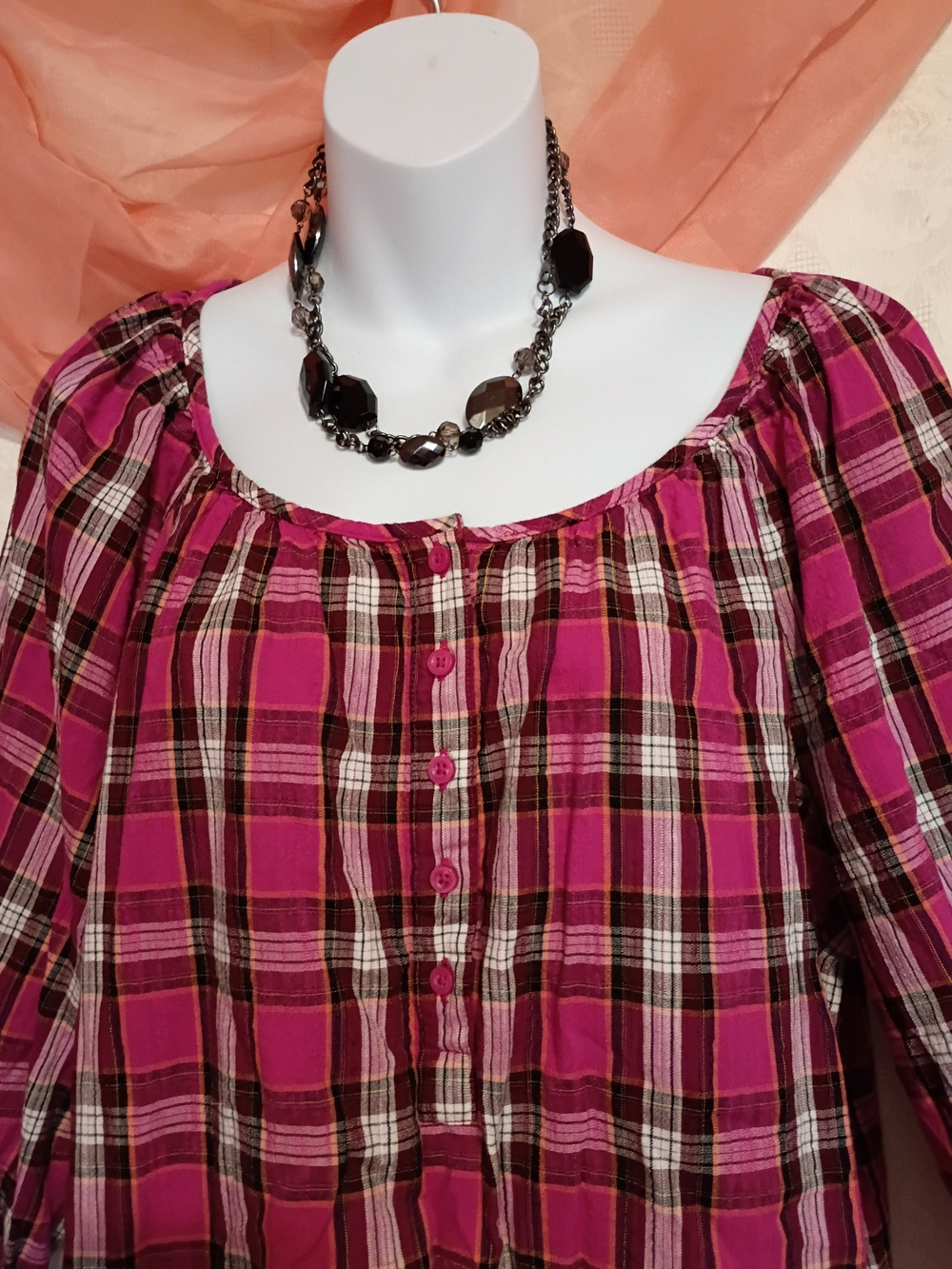 Faded Glory Ladies Pink Plaid Peasant Tunic Sz PXL - Picture 3 of 7